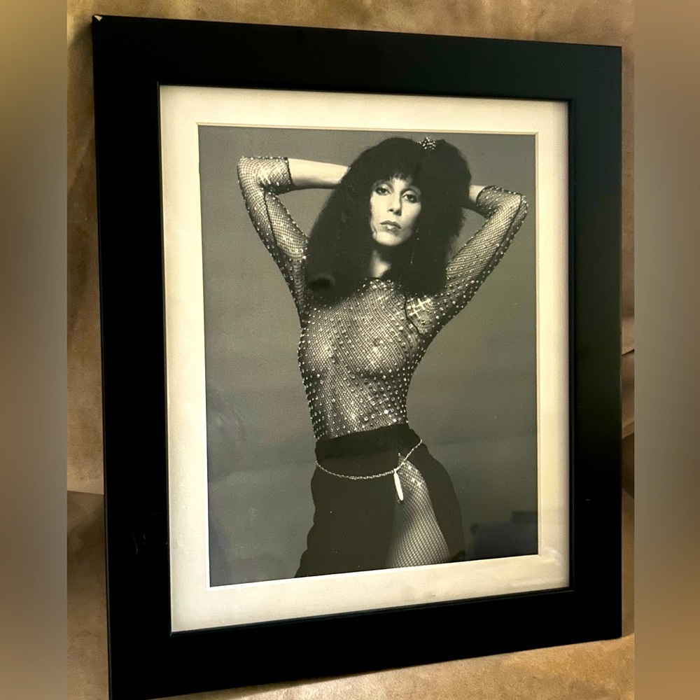 Black Framed Portrait of Cher Black and White Photograph vintage